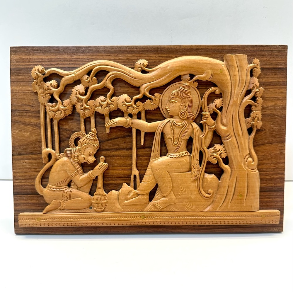 Vintage Hand-carved Teak Wood Raised Relief Hindu Goddess Small Wall Art Panel